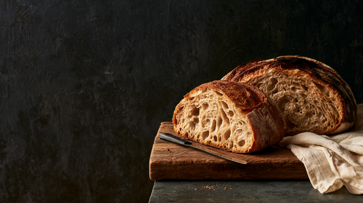 A sourdough loaf sliced in half — one side golden, the other over-baked — on a wooden board with a knife between them